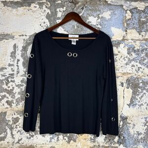 Vintage Versailles Grommet Ribbed Knit Top Black Long Sleeve Scoop Women XL